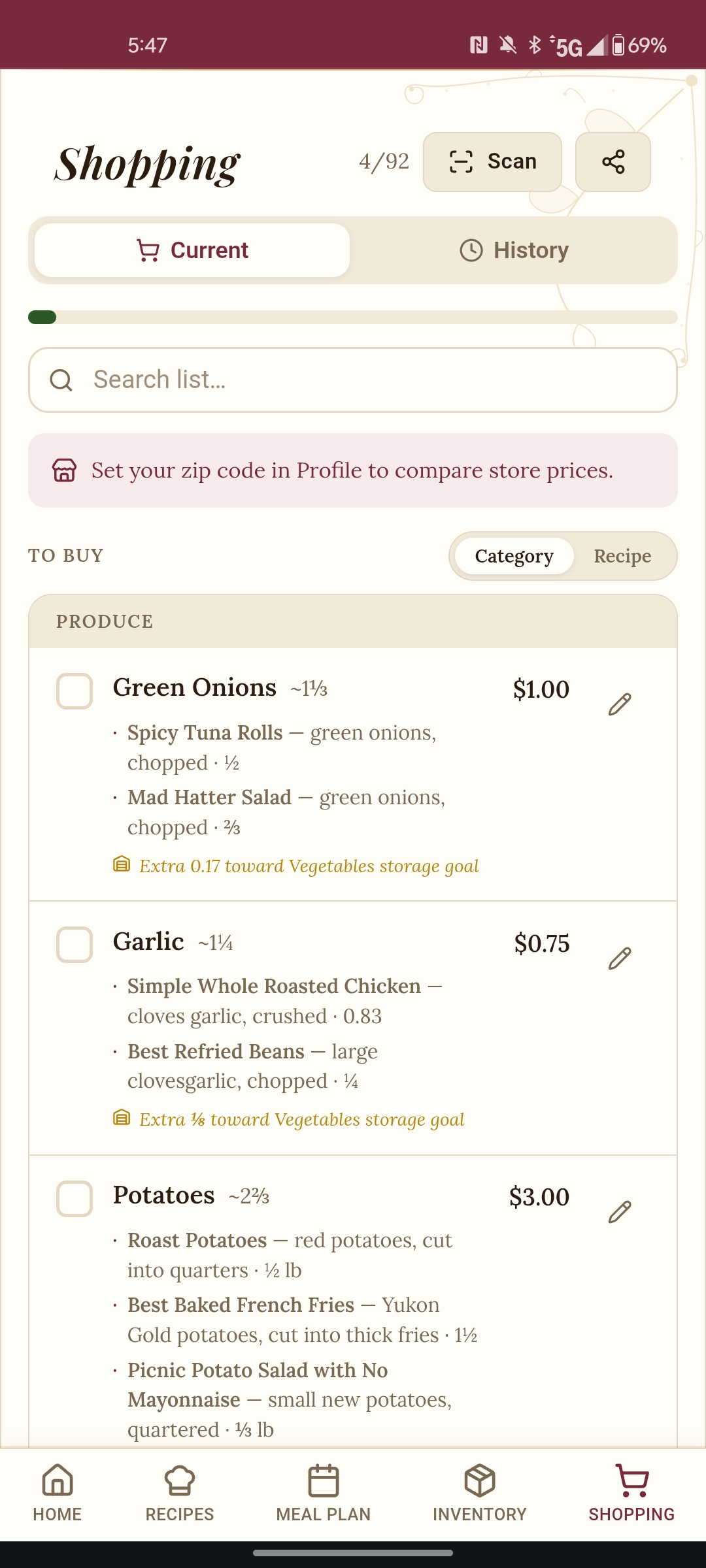 Shopping List screen